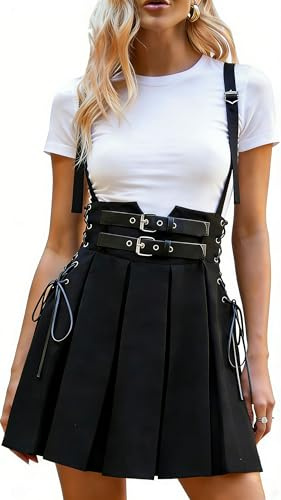 DINGJIUYAN Black Pleated Skirt Women Goth Punk Goth Streetwear High Waist Buckle Lace Up Mini Skirt Harajuku Spaghetti Straps Ladies Skirts