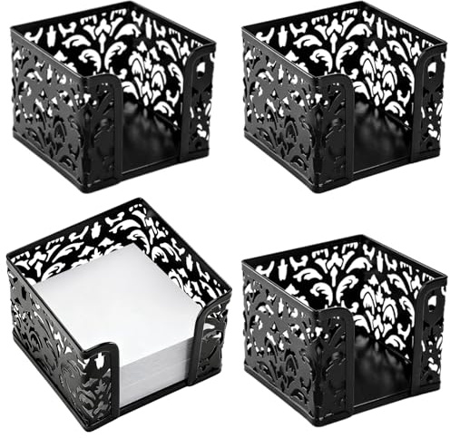 Tebery 4 Pack Black Metal Memo Note Cube Holder Dispenser, Square Sticky Notepad Post Holder for Pen Pencil Home School Office Desk Supplies, 10cm