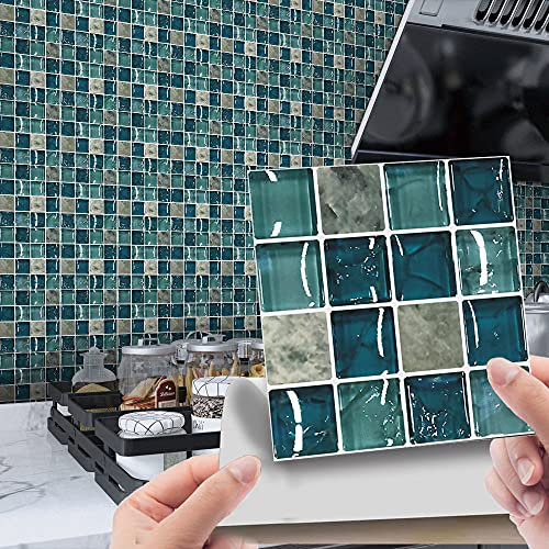 Tile Stickers Dark Green Mosaic Kitchen Bathroom Tile Stickers Transfers Printed, Tiles DIY Stick On Wall Tile Style Decals,Self Adhesive Wall Art Decor Splashbacks 20X20Cm