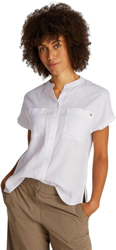 Tommy Hilfiger Blusa Mujer Linen Collarless de Manga Corta, Blanco (TH Optic White), 40
