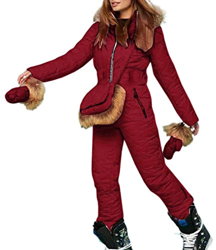 LOIJMK Damsnöoverall – damoverall skidhandskar + bältesväska 3 delar skiddräkt vinter, varm overall, snöoverall, skidoverall med huva och dragkedja, skiddräkter, röd, XL