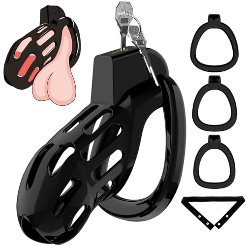Male Chastity Cage, Large Cock Cage Chastity Device for Man Penis Exercise SM Bondage Gear & Accessories Lightweight Adult Sex Toys for Men w 3 Sizes Rings Elastic Auxiliary Belt & Invisible Lock