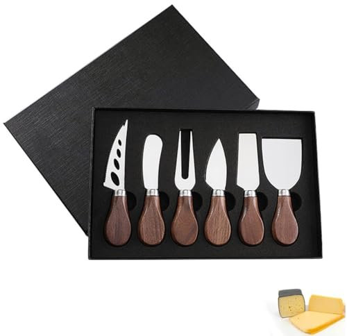 Set di 6 coltelli da formaggio, in acciaio inox, con scatola regalo. (Manico in noce)