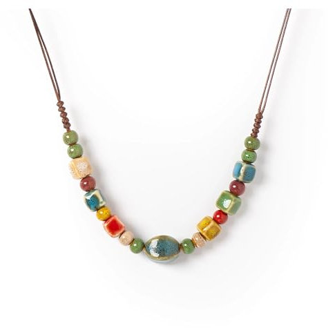 Aqxyxsw GUYTRM Boho-Keramik-Perlen-Halskette for Frauen, verstellbar, handgefertigt, einfacher langer Anhänger im Ethno-Stil