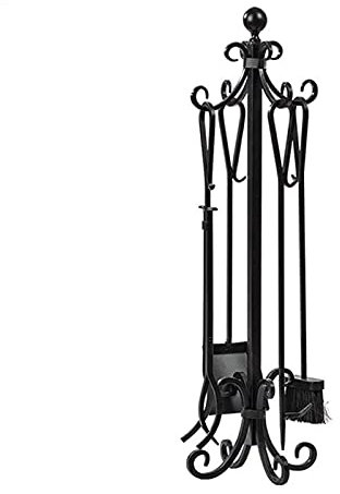 Set di braciere resistente nero con strumenti F, include spazzola per caminetto, pala da attizzatoio, pinza e supporto, altezza 86 cm, kit da 5 pezzi in ghisa