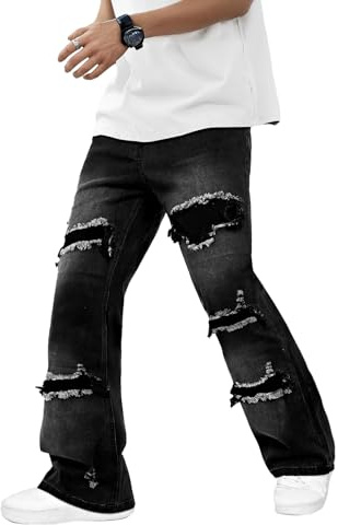 GINGTTO Jean Baggy Homme Y2K Streetwear Déchirés Jeans Loose Fit Pantalon en Droit Décontracté Homme Noir 28W/30L