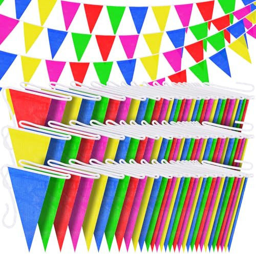3-Pack 450 Pcs 787Ft Durable Nylon Pennant Banner Flags Rainbow Garland Bunting for Weddings, Easter, Birthdays, Back-to-School Safty Warning & Outdoor Party Decor, Campus Events,Photo Backdrops
