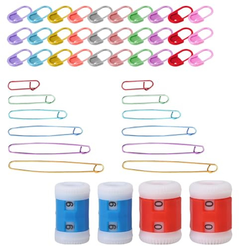 OBYJCA 46 Pcs Basic Knitting Tools Accessories, Including 4 Row Counter for Knitting UK, 30 Knitting Crochet Locking Markers and 12 Assorted Size Holder Set