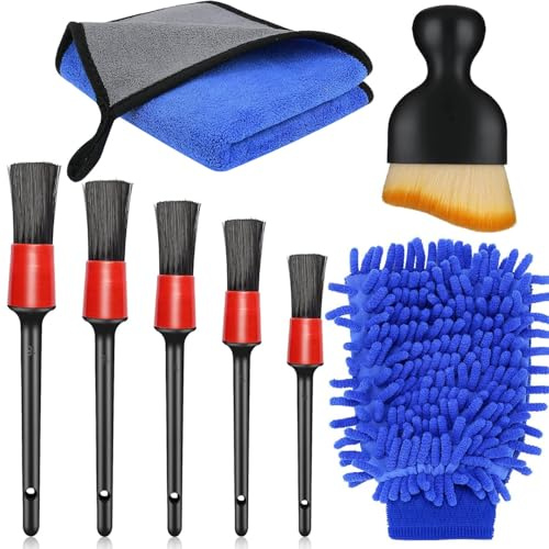 Xemnys Pinceaux de nettoyage pour voiture, lot de 8 brosses nettoyantes pour intérieur de voiture, kit de nettoyage detailing, brosses de nettoyage douces et chiffon en microfibre pour séchage pour la