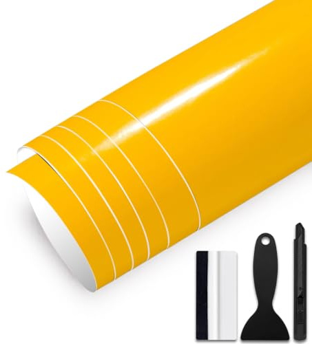 GRTHTATI 30cm x 150cm Autofolie Glanz Auto File Selbstklebende Car Wrapping Folie mit Luftkanälen Blasenfreie Auto Folierung für Motorrad, Fahrrad, DIY (Gelb, 30cm x 150cm)