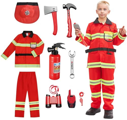 Luckyou Vestito Pompiere Bambino Costume da Pompiere per Bambini con Accessori Costume da Capo dei Pompieri Esercitazioni Antincendio Cosplay Halloween Carnevale,110