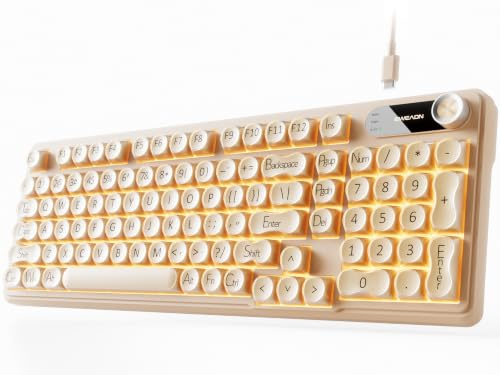EWEADN V102 Wired Keyboard, 98 Keys Creamy Gaming Keyboard with Number Pad, Display Screen & Media Knob RGB Silent Wired Cute Computer Keyboard for Laptop PC Gamer - Cream Pink