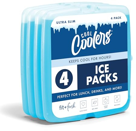 Cool Coolers By Fit & Fresh 4 Pack Slim Ice Packs, Quick Freeze Space Saving Reusable Ice Packs for Lunch Boxes or Coolers, Blue
