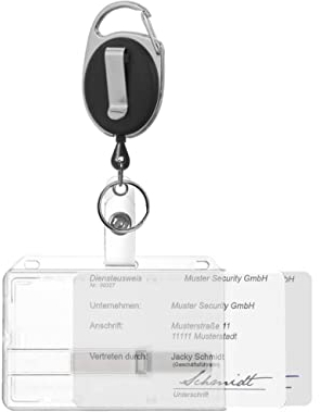Karteo Ausweishülle mit Ausweishalter ausziehbar [1 Stück] schwarz mit Clip und Karabinerhaken Kartenhalter horizontal für zwei Karten transparent