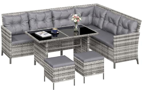 Outsunny 6 Piece Rattan Garden Furniture Set 8-Seater with Footstools Grey | Wicker Dining Set, 3 Loveseats, Glass Top Table, Outdoor Conservatory Corner Sofa Set, Cushions, Patio