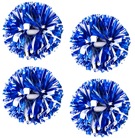 4Pcs Metallic Cheerleading Pom Poms, Creatiee 2 Pair Cheerleader Cheering Squad Pompoms for School Sports Dance Games Team Spirit Cheer (Blue White)