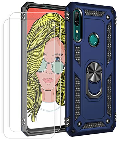JOYTAG kompatibel Coque Huawei P Smart Z,Etui + Verre Trempé[2 Pièces] magnétique Support Armure Robuste Antichoc Silicone TPU 360 degré Cas de téléphone de Voiture Bumper-Bleu