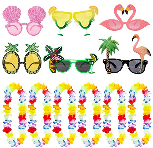 BETESSIN 6 Stück Party Brillen Hawaiian Tropical Brille Lustig mit 6 Pcs Blumenketten Kranz Hawaiianische Sommer Deko für Hawaiian Party Strand Thema Party Zubehör Foto Requisiten Aloha Party usw.