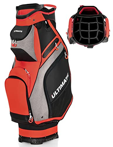 COSTWAY Borsa da Golf Portatile con 14 Divisori Superiori a Tutta Lunghezza, 7 Tasche con Cerniera, Cappuccio Antipioggia, Tracolla, Manico e Portaombrelli, Ideale per Uomini e Donne (rosso e grigio)