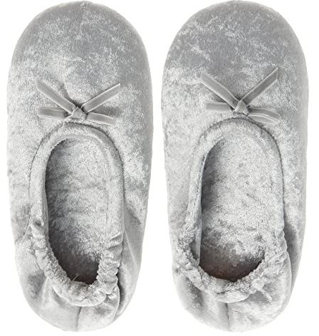 WS-AW22 Ladies Ballerina Style Slippers Crushed Velvet Velour Indoor Slippers Silver UK 7-8