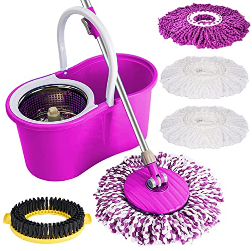 Spin Bucket Mop and Bucket Set 360° Spin Mop Telescopic Handle Floor Mop for Home Cleaning with 4 Reusable Microfiber Pads Wet and Dry (Purple)