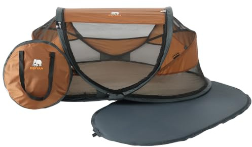 Deryan Lettino neonato da viaggio pieghevole con materasso, 0-2.5 anni, Lettino da campeggio, Le pareti realizzate in rete, Letto Pieghevole 120x75cm, Borsa da Trasporto, Protezione Insetti, Caramello