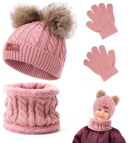 Aoreun Conjunto de Guantes de Bufanda de Gorro de Invierno para Niños, 3 en 1 Invierno Suave Gorro de Punto Cálido con Bufanda y Guantes, Mantener Caliente Accesorios para Niños Niñas 2-8 Años