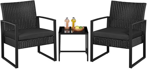 Yaheetech Salon de Jardin Exterieur 2 Fauteuils et 1 Table Basse en Poly Rotin et Métal Mobilier Fauteuils de Jardin pour Balcon/Bar/Bureau Noir