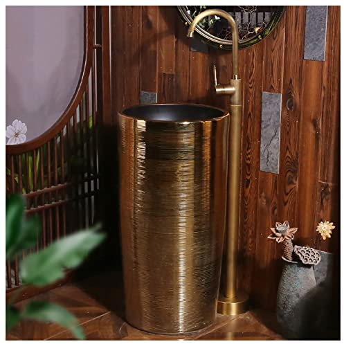 GLJTUO Pedestal Sink Handcrafted Ceramic wash Basin Pedestal washbasin Kaolin Clay Round Freestanding Sink with Drain & Faucet for Indoor and Outdoor (F With mirror)