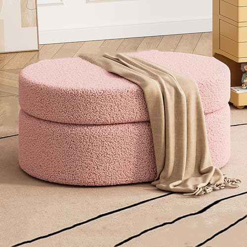 Panca contenitore Teddy Sherpa, panca ovale imbottita Boucle, panca con contenitore per fine letto, panca per ingresso, tavolino poggiapiedi multifunzionale per camera da letto, soggiorno (70 cm/27,5