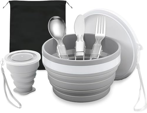 Yamobi Set da 6 pezzi di stoviglie da campeggio pieghevoli - Set di posate in acciaio inox (coltello, cucchiaio, forchetta), bicchiere, ciotola, piatto e sacchetto a rete, ideale per campeggio