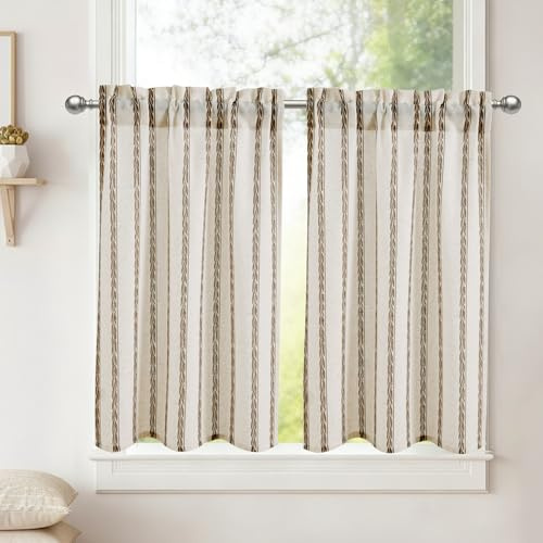 DWCN Tenda da Cucina con Strisce Taupe e Grano H90xL60cm 2 Pezzi Tenda Semitrasparente Corta in Lino per Finestra Tenda da Bistrot per Camera da Letto Tenda per Armadio Tenda per Camera dei Bambini