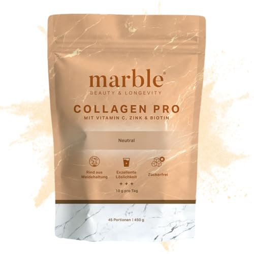 marble® Kollagen Pulver PRO 450 g - Collagen Pulver plus Vitamin C, Zink & Biotin - Collagenpeptide - 60 Tage risikofrei testen - aus Weiderind mit perfekter Löslichkeit – Neutral