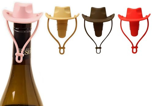 4pcs Cowboy Hat Wine Stoppers, Silicone Bottle Stopper, Cork Substitute, Sealed Keep Wine Fresh, Cute Home Decoration and Wine Lover's Novelty Gifts (Coffee+Tan+Red+Pink)