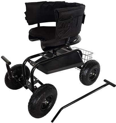 Relaxdays Siège de Jardin Roulant, Hauteur réglable, 150 kg, Rangement, Guidon, Coussin, Dossier, Chariot de Jardin Noir | 150 kg, rangement, guidon, coussin, dossier