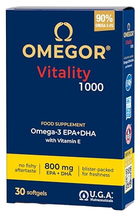 Omegor Vitality 1000 - Supplément alimentaire avec 90% des oméga 3 sous forme de triglycérides - avec de la vitamine E - pour le cœur, la vision et le cerveau en santé - 30 gélules