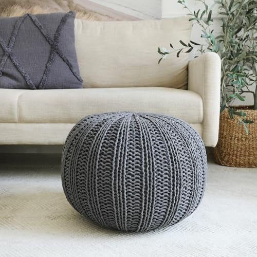 LR Home Black Cableknit Cotton Round Ottoman for Home Decor | Hand-Made Casual Foot Rest for Bedroom & Living Room Decor | 20 x 20 x 16 Stuffed Pouf for Seating