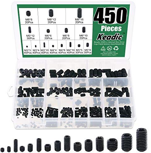 Keadic 450Pcs Internal Hex Drive Cup-Point Screw Assortment Kit - 15 Sizes Alloy Steel Hex Socket Set Cap Point Grub Screws, M3 M4 M5 M6 M8, Black