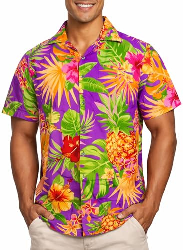 King Kameha Funky Hawaii-skjorta för män, kortärmad, frontficka, Hawaii-tryck, ananas, palmer och blommor, lila, XL