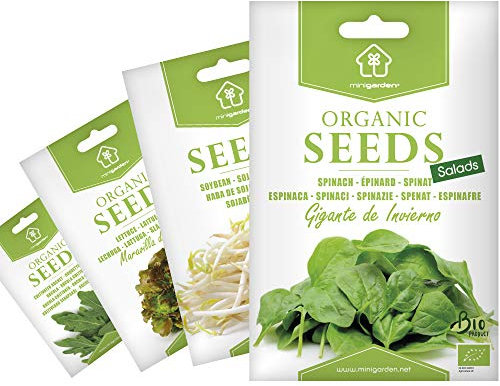 Graines Biologiques Minigarden, 4332+ Graines, Sélection SALADES: Épinard, Soja, Laitue et Roquette