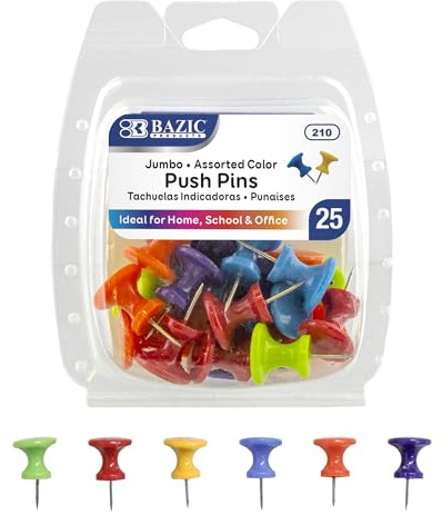 BAZIC Products Thumbtacks, Assorted Color Jumbo Plastic Head Push Pins – Durable Steel Tacks for Walls and Cork Boards, Poster Pins, and Pushpins for Home, Office & School, 25/Pack, 1 Pack
