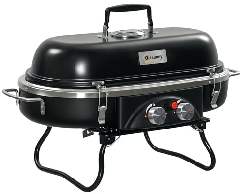 Outsunny Foldable Gas BBQ Grill 2 Burner Table Top Barbecue with Lid
