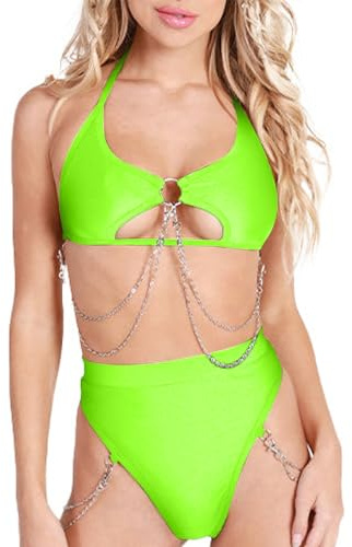 Ella Lust Rave Outfits for Women - Sexy Festival Underboob Cutout Top Disco Silver Chain High Cut Bottom Nightclub Bikini Set(Green,M,1312r)