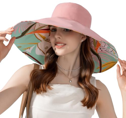 FEOYA Chapeau Femme Soleil à Large Bord Chapeau Pliable Anti-UV Été Plage Réversible Capeline Anti-Soleil Respirant Panama Plage Voyage A1