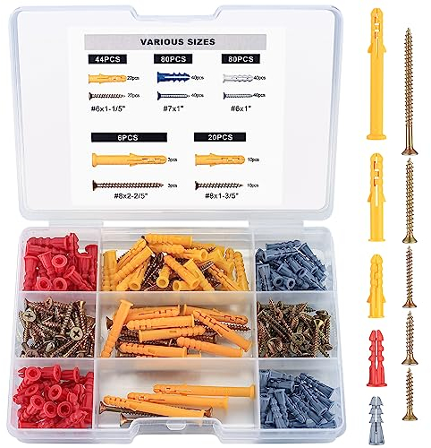 230 Pièces Vis et Chevilles Set, Chevilles Universelles avec Vis à Autoperceuses, Chevilles Expansion en Plastique avec Vis à Bois pour Creuses Cloison Sèche, Béton (115 Vis Beton, 115 Chevilles)