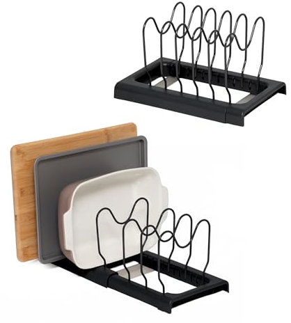 simplywire – Supporto allungabile per teglie e taglieri – Confezione da 2 – Rastrelliera per coperchi - Organizer per credenza da cucina – Nero