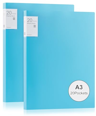 Srvnpioy 2 Stück A3 Päsentationsdisplay Buch, Sichtbuch in A3 Format, Mit 20 Klarsichthüllen für 40 Blatt, für Kunstwerke, Urkunden, Portfolio, Blau