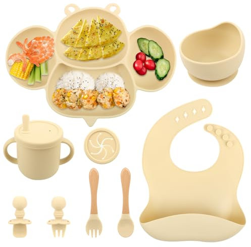 Silikon Baby Geschirrset,Rutschfest Kindergeschirr Set mit Saugnapf,8-teiliges Geschirrset Baby:Baby teller,Kinderteller mit Saugnapf,Silikonbecher, Löffel, Gabel, Lätzchen, Trinkbecher (BPA-frei)