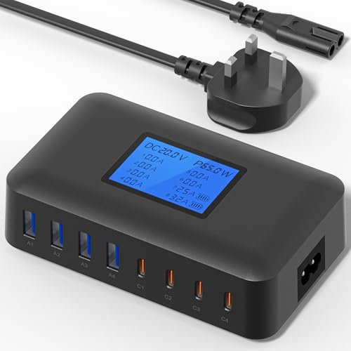 Binamao USB C Charger, 200W Multi USB Charger – 8-Port Charging Station, USB Charging Hub with LCD Screen, 65W PD Fast Charger for MacBook, iPad, iPhone 16/15/14/13 Pro/Max, Samsung S24/S23-black