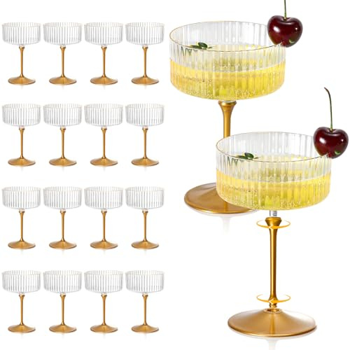 XUWAIDSGN 24 Pcs Champagne Martini Glasses 9 Oz with Gilded Removable Gold Rim Coupe Glasses Pink Martini Glasses Plastic Mimosa Vintage Coupe Glasses Set For Wedding Anniversary (24, Ribbed Gold)